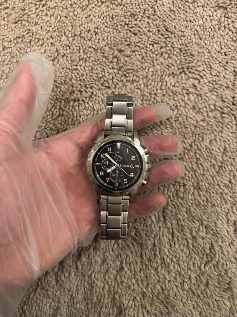 Fossil Silver Stainless Steel Chronograph Watch with Black Dial